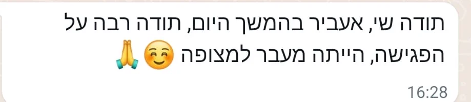 הודעת וואטסאפ מלקוח: תודה שי, אעביר בהמשך היום. תודה רבה על הפגישה, הייתה מעבר למצופה
